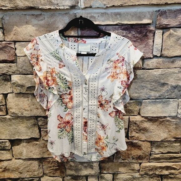 Anthropologie Maeve Flutter Sleeve Floral Lace Eyelet Button Down Top Size Small - Picture 5 of 15